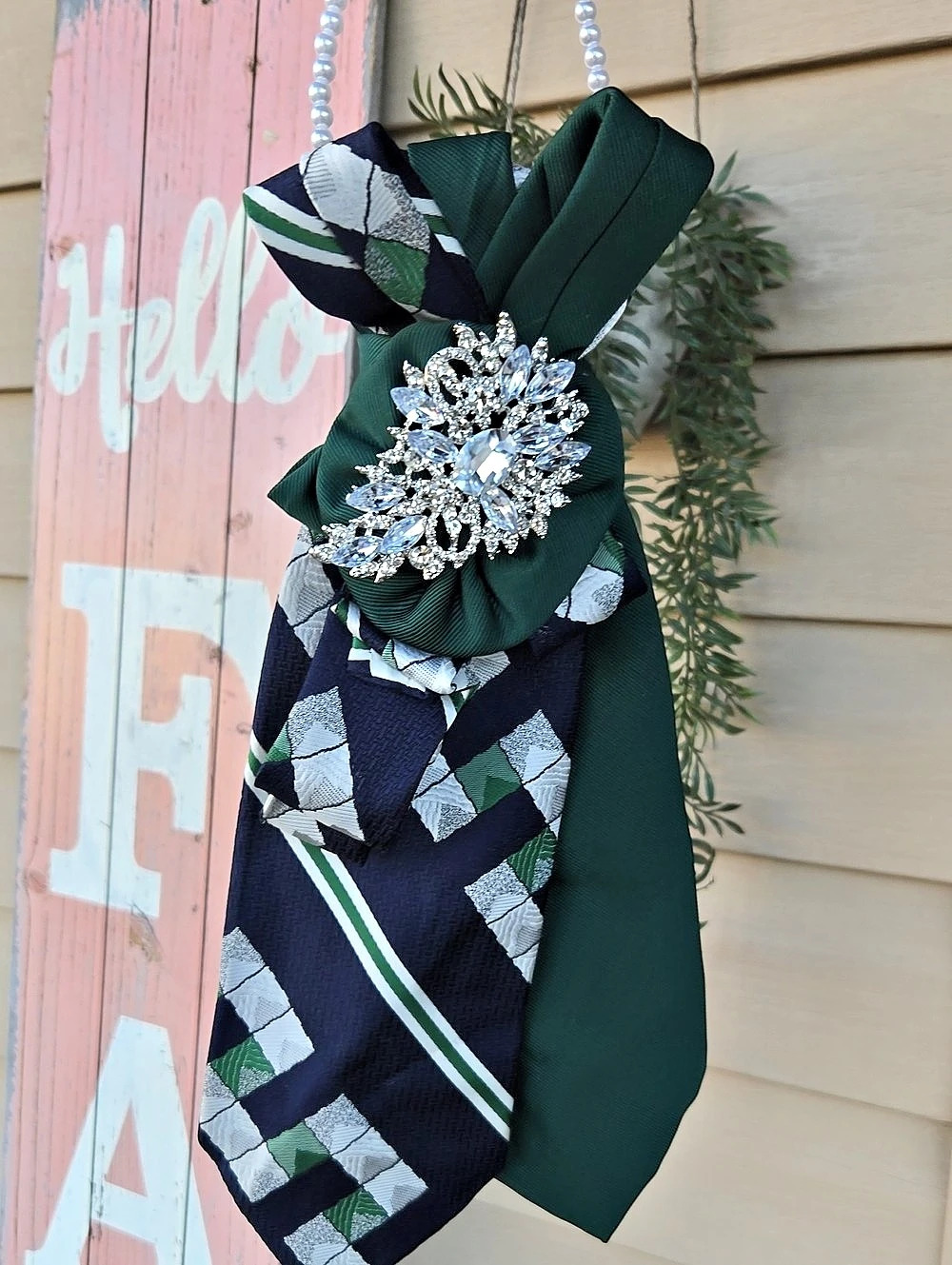 Don Loper Geometric Necklace Tie with Jeweled Brooch in Green & Blue